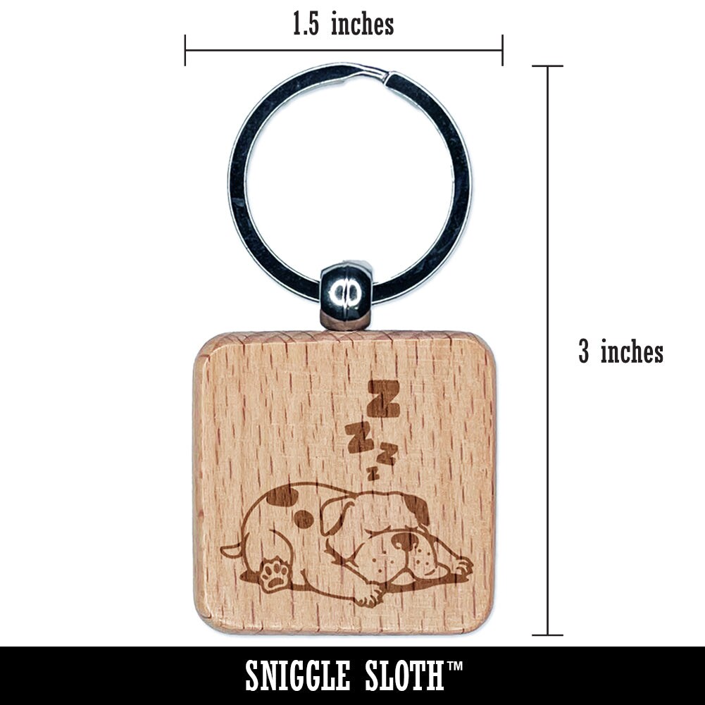 Chubby Spotted Dog Sleeping Engraved Wood Square Keychain Tag Charm