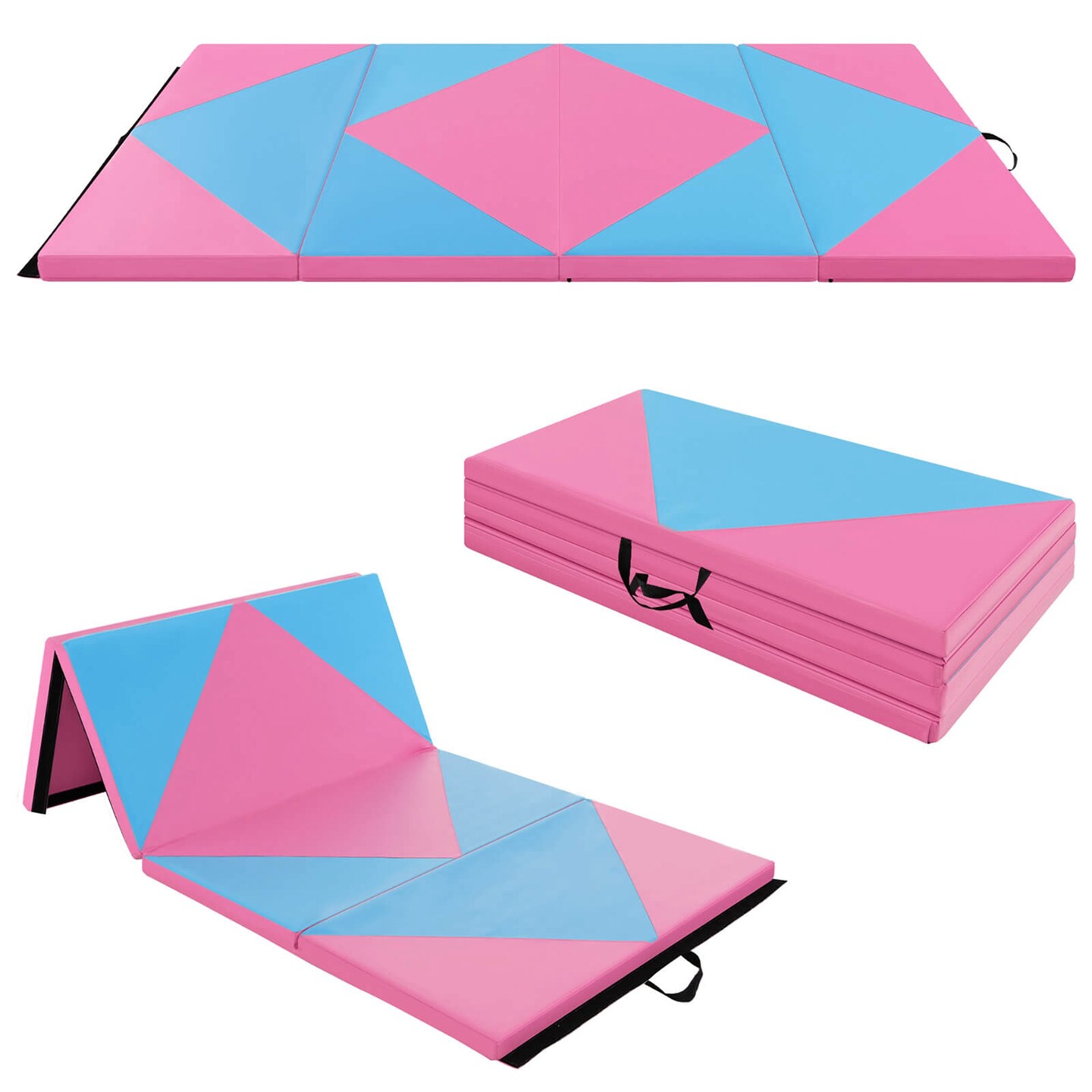 Costway Folding Gymnastics Mat 8' x 4' x 2'' PU Leather Tumbling Exercise Mat Yoga Gym Light Pink+Black/Blue+Black/Pink+Purple/Pink+Black/Pink+Blue/Pink