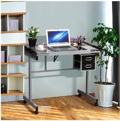 Adjustable Glass Drafting Drafting Study Table for Diamond/Versatile Art Craft Station w/ 2 Slide Rolling Wheels and Drawers for Artist Painters Home Office