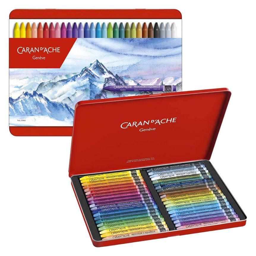 Caran d'Ache Neocolor II Aquarelle Water-Soluble Wax Pastel Tin Set of 40, Assorted Colors