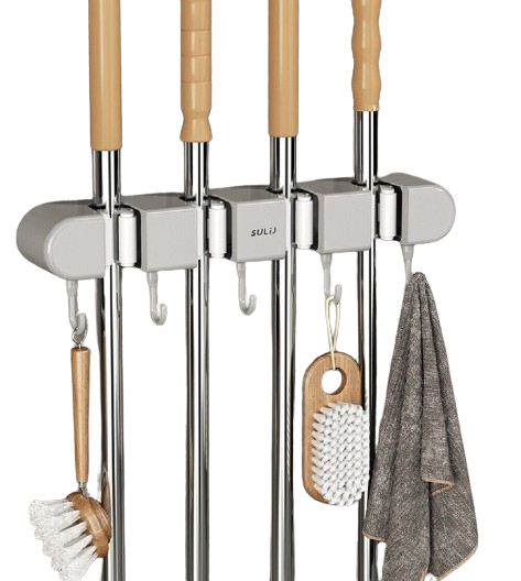 Mop Hanger Broom Storage Rack w 5 Slots 6 Hooks.