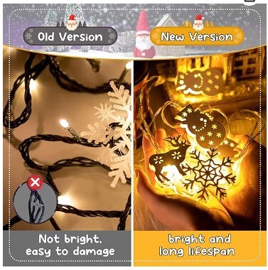 Metal Christmas String Lights Christmas Snowflake Snowman Deer Pattern Light, Warm White(1 Pack), 6 FT 10 LED Battery Operated Fairy Decor Hanging Lights for Christmas Xmas Tree Room Party