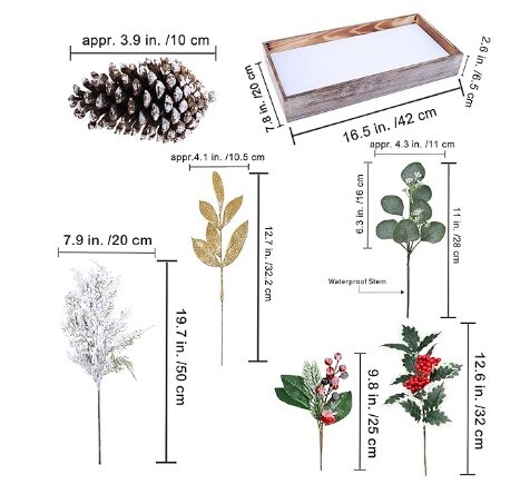 DIY Winter Arrangement Artificial Snowy Christmas Floral Picks Bulk Christmas Centrepiece Rustic Farmhouse Holiday Table D&#xE9;cor Assorted Red Berry Cedar Pine Cone Picks in Rectangle Wooden Box