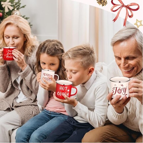 Christmas Enamel Winter Holiday Coffee Mugs with Quotes 12 Pcs Seasonal Merry Christmas Mugs 12 Oz Cups in white and red (Believe) Funny Novelty Xmas Coffee Mugs for Women, Coworkers, and Kids