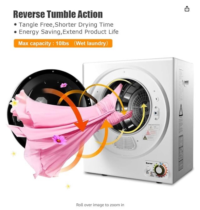 Compact Laundry Dryer, 110V Electric Portable Clothes Dryer with Stainless Steel Tub, Downside Control Panel for 4 Automatic Drying Mode, White