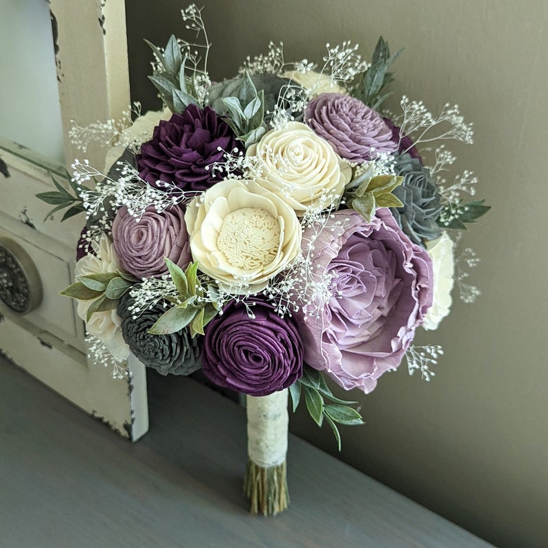 Plum, Charcoal, Lilac, and Ivory Sola Wood Flower Bouquet with Baby's