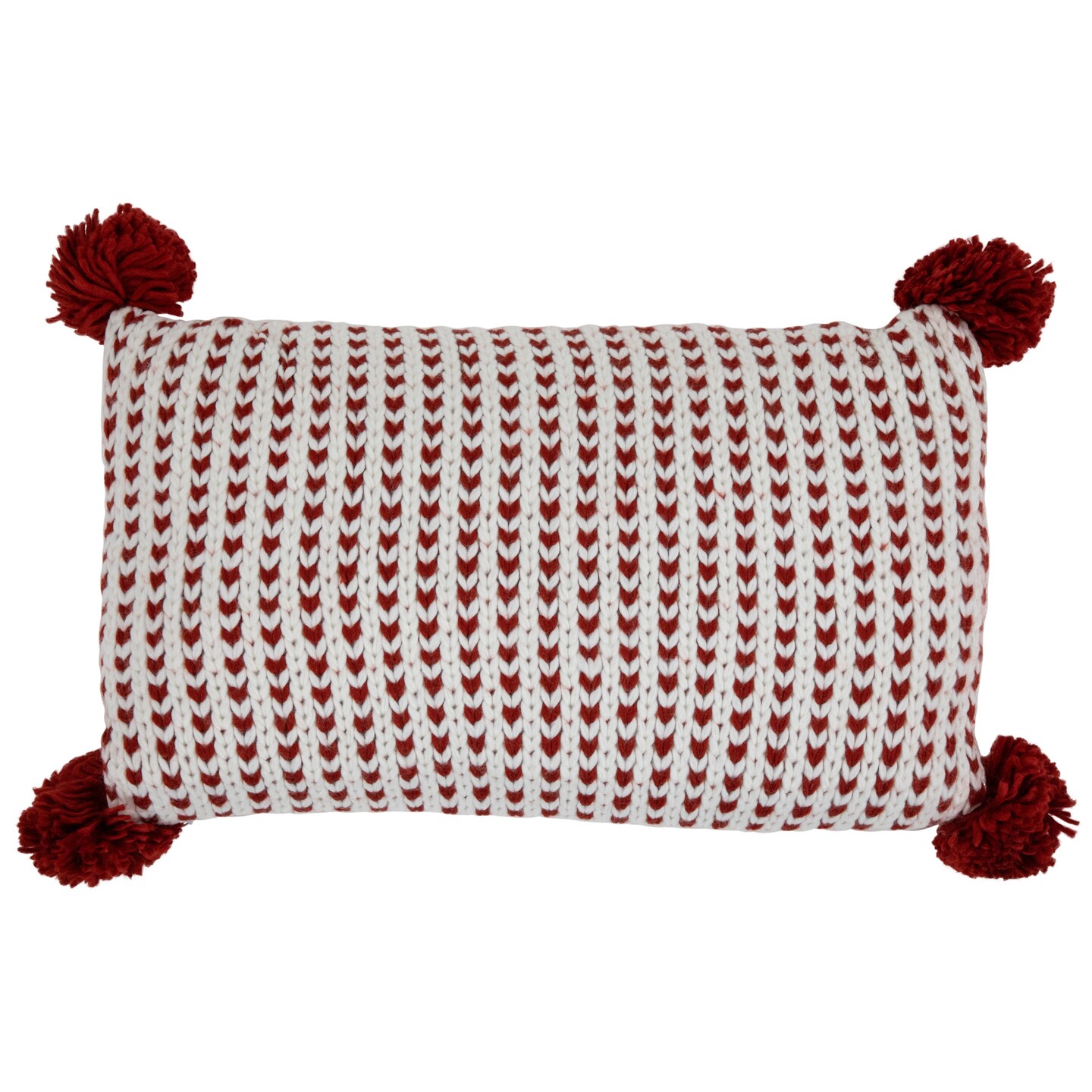 Northlight 19.5&#x22; White and Red Knitted Rectangular Throw Pillow with Pom Poms