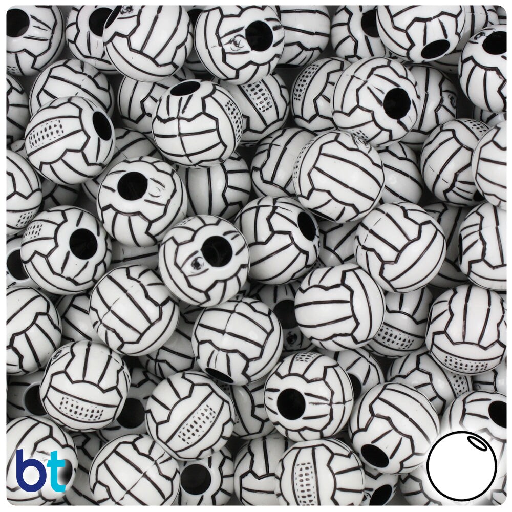 BeadTin White Opaque 12mm Round Plastic Pony Beads - Black Volleyball Design (48pcs)