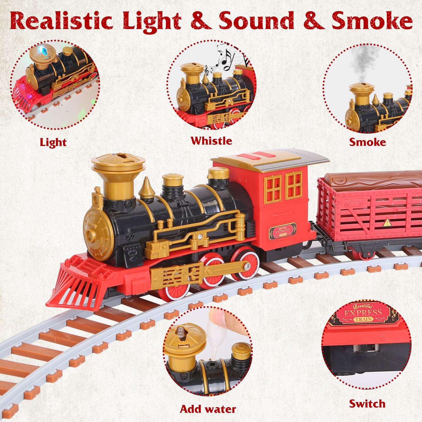 193Pcs Electric Train Set Steam Locomotive Passenger Coach Coal Car Battery Powered Christmas Train Set