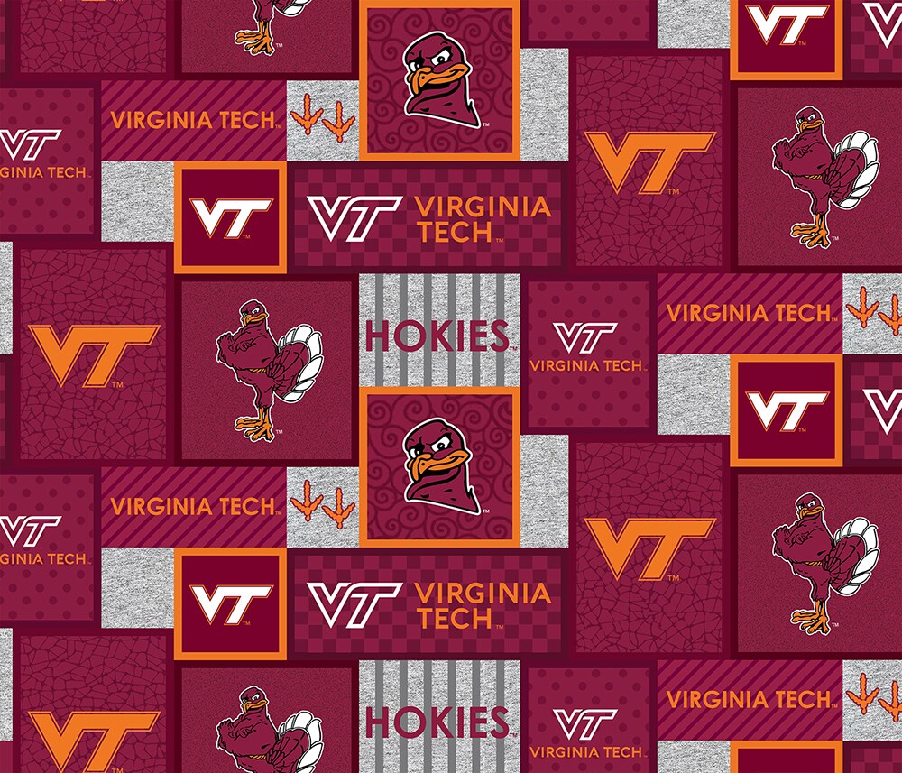 Sykel Enterprises-Virginia Tech Fleece Fabric-Virginia Tech Hokies College Patch Fleece Blanket Fabric-Sold by the yard