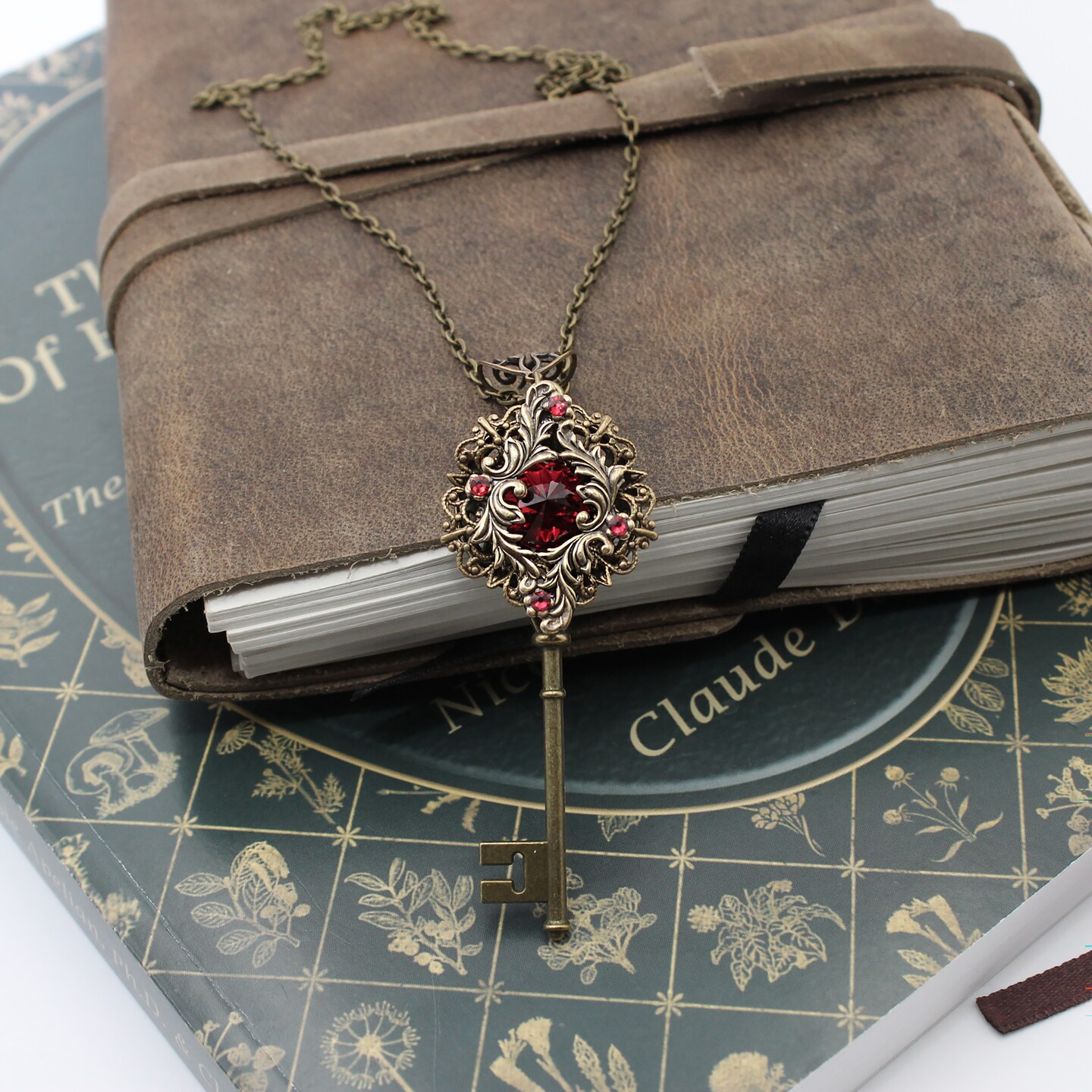 Vintage Key Necklace with Red Swarovski Crystals, Fantasy Jewelry