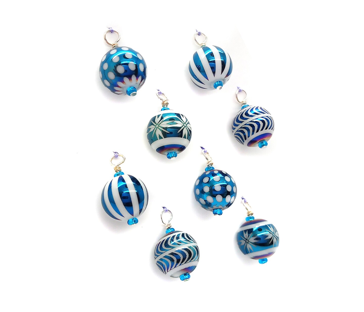 Miniature Christmas Tree Ornaments in Blue Glass, 8 pieces with Hooks, Adorabilities