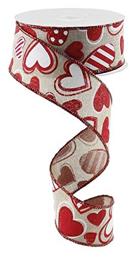 Patterned Hearts Canvas Wired Edge Ribbon - 10 Yards (Natural, White, Red, 1.5&#x22;)