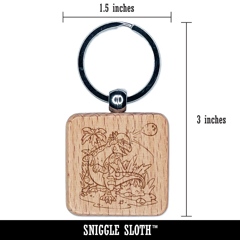 Pachycephalosaurus Dinosaur Headbutting Coconut Engraved Wood Square Keychain Tag Charm