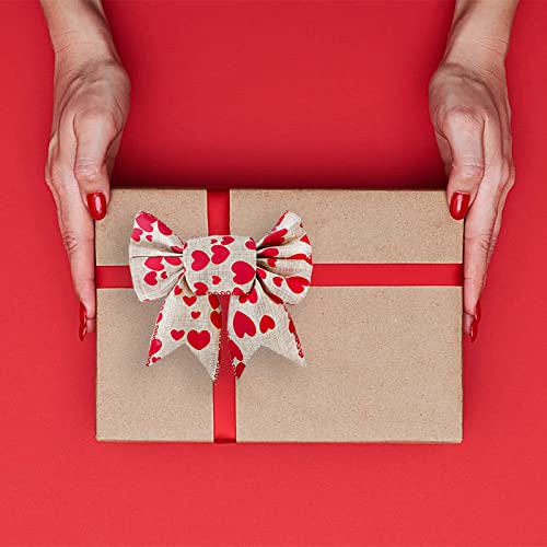 2.5" x 5.5 Yards Red Heart Printed Valentine's Day Burlap Ribbon Wired Edge Ribbon