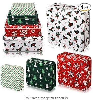4 pcs Christmas Cookie Tins with Lids Nesting Tins Snowman Reindeer