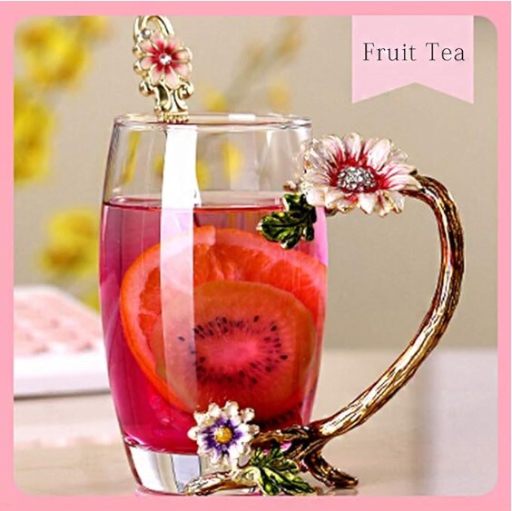 Enamel Sunflower Crystal Lead-Free Glass Tea Cup with Spoon Set, Christmas and Valentine&#x27;s Day Gift.The ideal gift for a mother, grandmother, girlfriend, or sister.