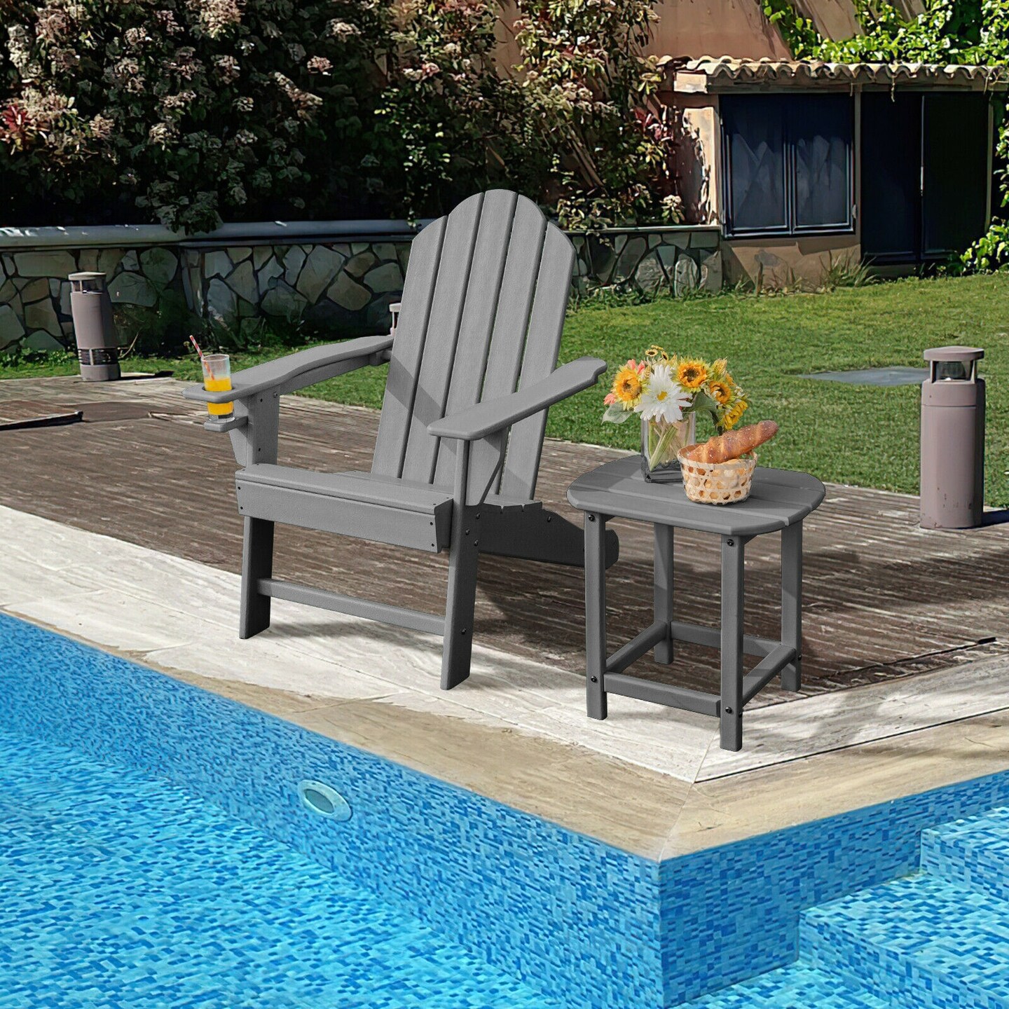 Outdoor Adirondack Chair with Built-in Cup Holder for Backyard and Porch