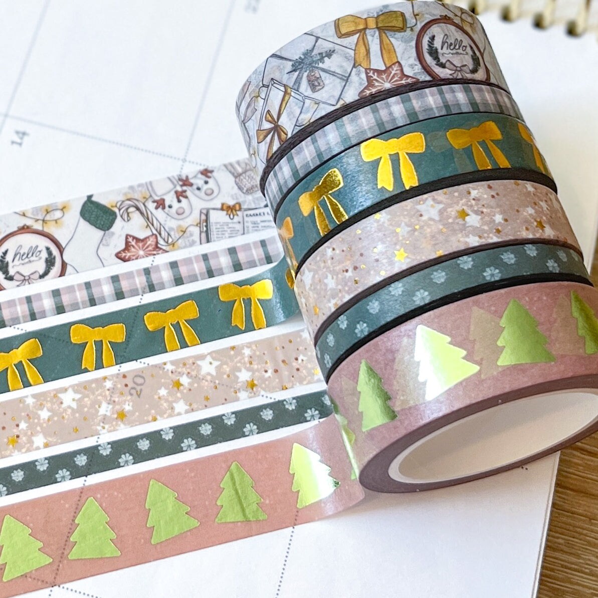 FOILED Christmas Gold &#x26; Green Modern Holidays Washi Tape Set (#W072)