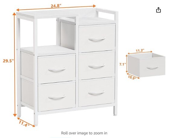 A small chest of drawers with a two-tier side shelf, a white dresser with five storage bins, and fabric tower furniture for the living room, bedroom, foyer, dorm room, and closets.