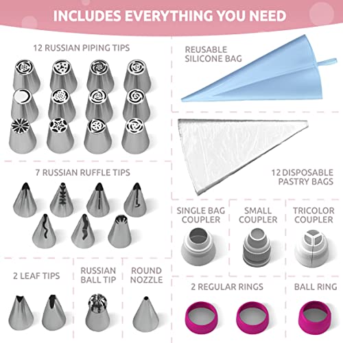 Premium Russian Piping Tips Cake Decorating Complete Set 42 pcs Baking Supplies Kit with Storage Gift Box - 12 Russian Tulip Icing Piping Nozzles - Flower Shaped Frosting Nozzles Kit