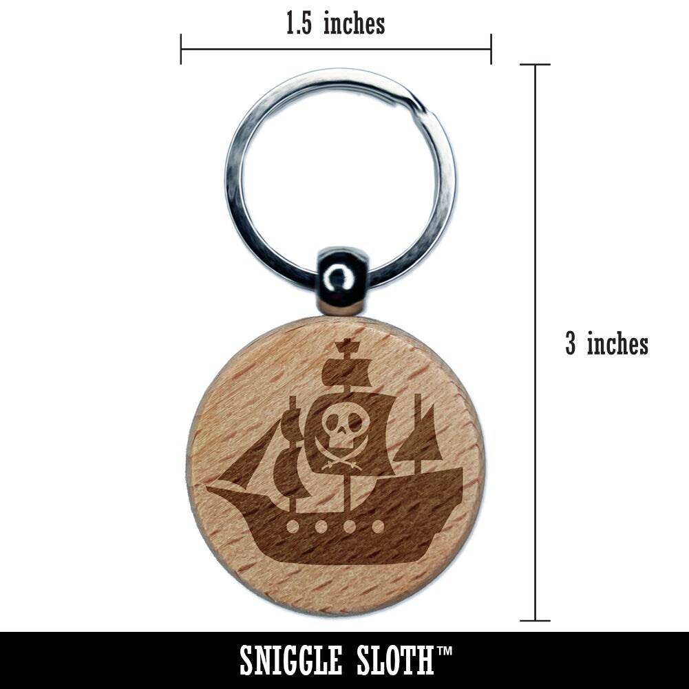 Pirate Ship with Jolly Roger Skull Engraved Wood Round Keychain Tag Charm