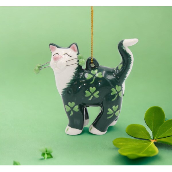 kevinsgiftshoppe Ceramic Black Cat with Shamrock Design Ornament Home Decor   Kitchen Decor Irish Saint Patricks Day Decor