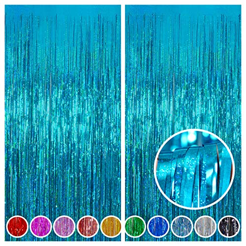 Melsan 2 Pack 3.2 ft x 8.2 ft Teal Tinsel Foil Fringe Curtains Backdrop, Sparkle Metallic Foil Curtains for Birthday Party Decoration