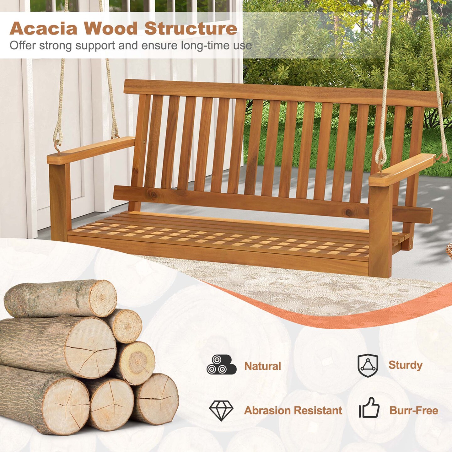 Costway 2-Seat Porch Swing Bench Acacia Wood Chair with 2 Hanging Hemp Ropes for Backyard