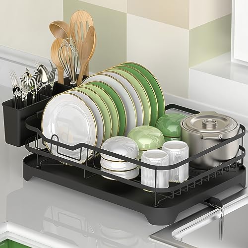16.9"(L) x 12.2"(W), Black Dish Drying Rack, Stainless Steel Rustproof Dish Rack for Kitchen Counter, Durable Dish Drainer with Drainboard, Drainage, Utensil Holder for Various Kitchenware