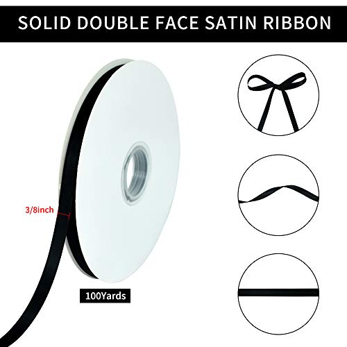 TONIFUL 3/8 Inch x 100yds Black Satin Ribbon Thin Solid Fabric Ribbons Roll for Gift Wrapping Invitation Floral Hair Balloons Craft Sewing Party Wedding Popsicles Decoration Valentine&#x27;s Day Bouquet