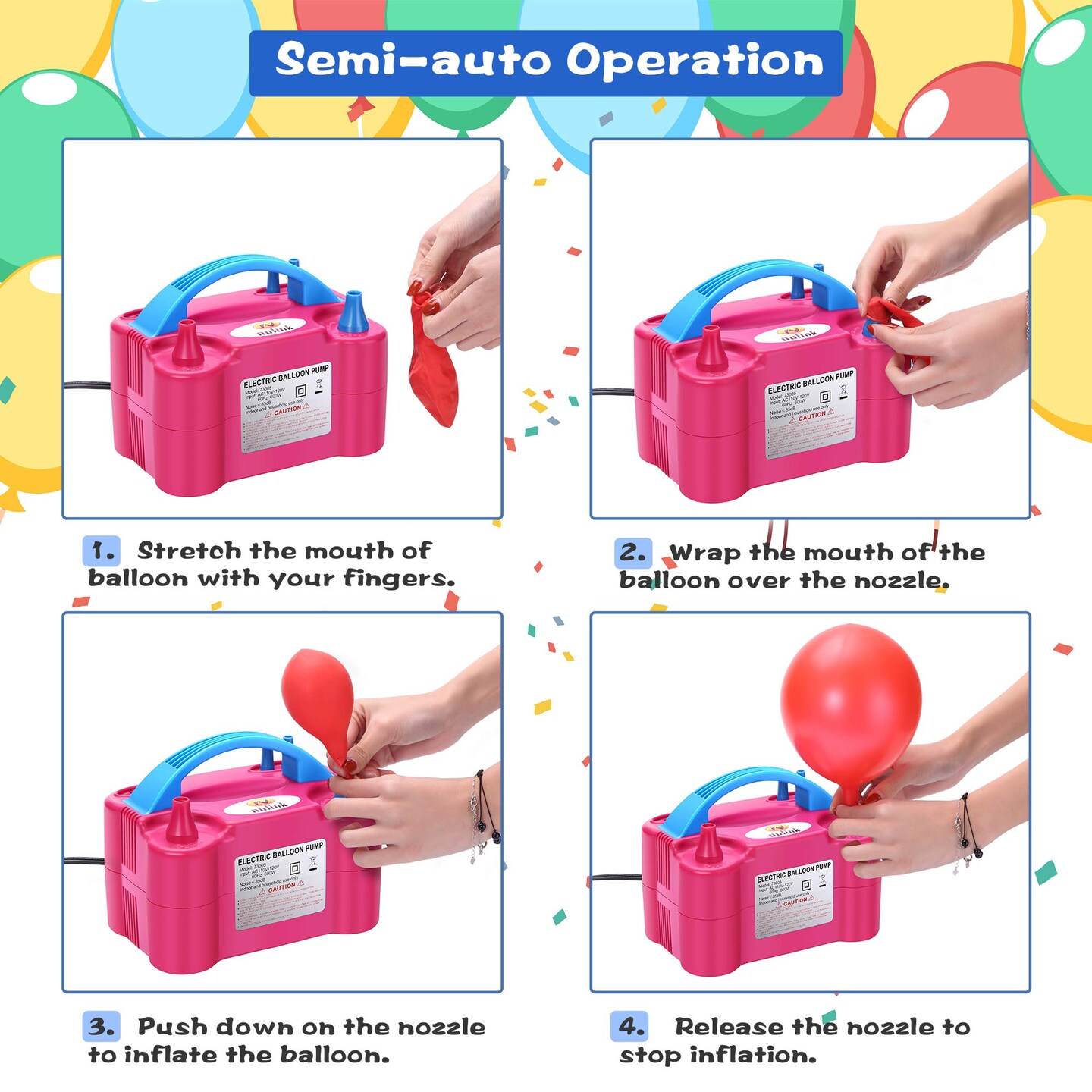 Electric Portable Dual Nozzle Balloon Blower Pump Inflation for Decoration, Party [110V~120V, 600W, Rose Red]
