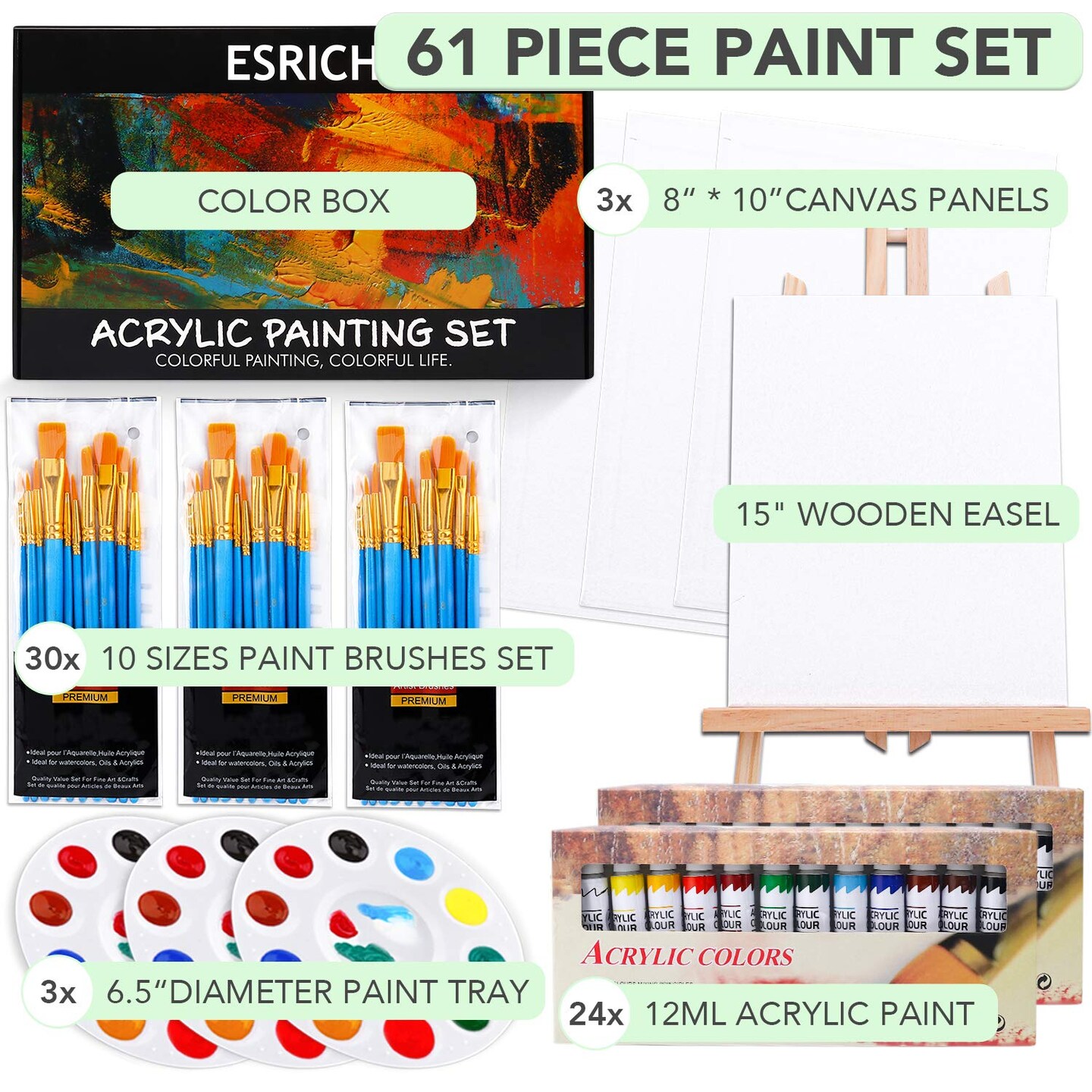 Acrylic Paint Set with Wooden Easel, 3 Canvas Panels, 30 Brushes, Paint Plates, and 12ml Acrylics in 12 Colors for Artists