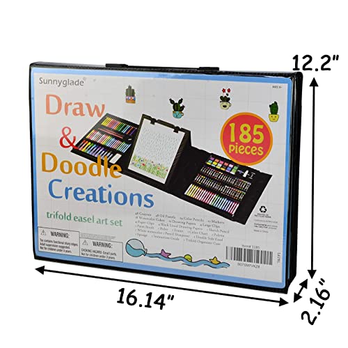 185 Pieces Double Sided Trifold Easel Art Set, Drawing Art Box with Oil Pastels, Crayons, Colored Pencils, Markers, Paint Brush, Watercolor Cakes, Sketch Pad
