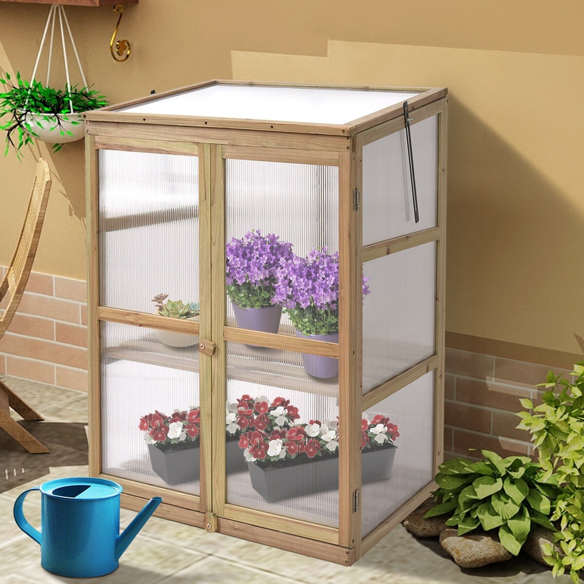 Garden Portable Wooden Raised Plants Greenhouse with Double Shelves