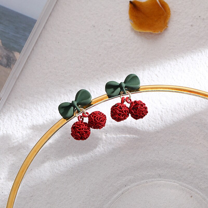 New Style Temperament Red Color Christmas Bow Stud Earrings for Women Rhinestone Bowknot Red Ball Earring Girls Party Jewelry