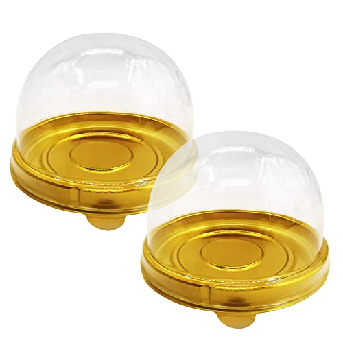100 Pieces Mini Cupcake Container with Clear Dome 2 Inch Transparent Plastic Muffins Cheese Pastry Dessert Mooncake Display Holder for Wedding Birthday Party (Gold)