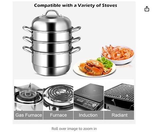 Cooking Steamer with 4 Tiers, 11-Inch Stainless Steel Steamer Pot with Tempered Glass Lid, Handles on Both Sides, 2 Steaming Septa Included, Dishwasher Safe, Ideal for Vegetable, Food, and Kitchen