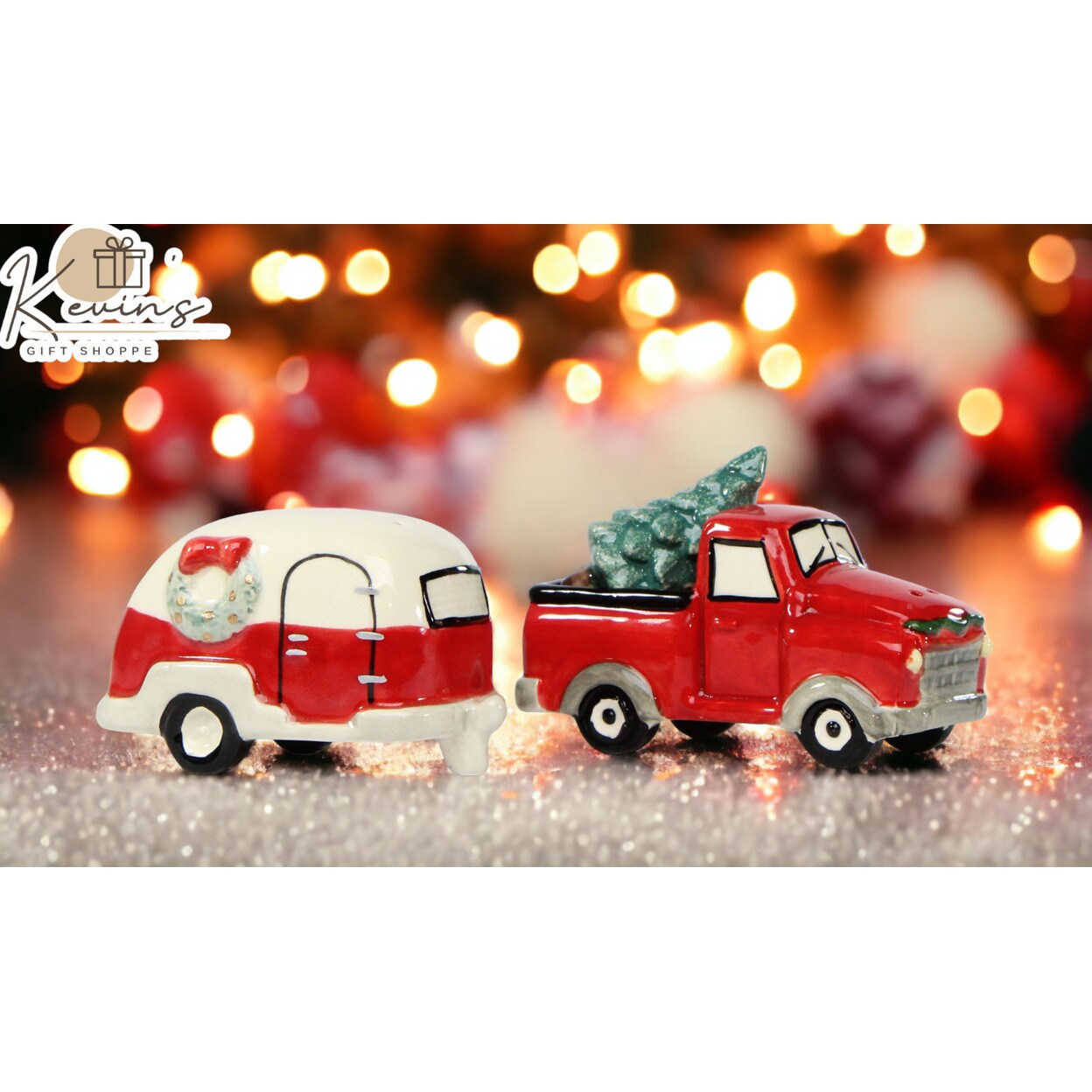 kevinsgiftshoppe Ceramic Red Truck with Christmas Tree and Trailer Salt 