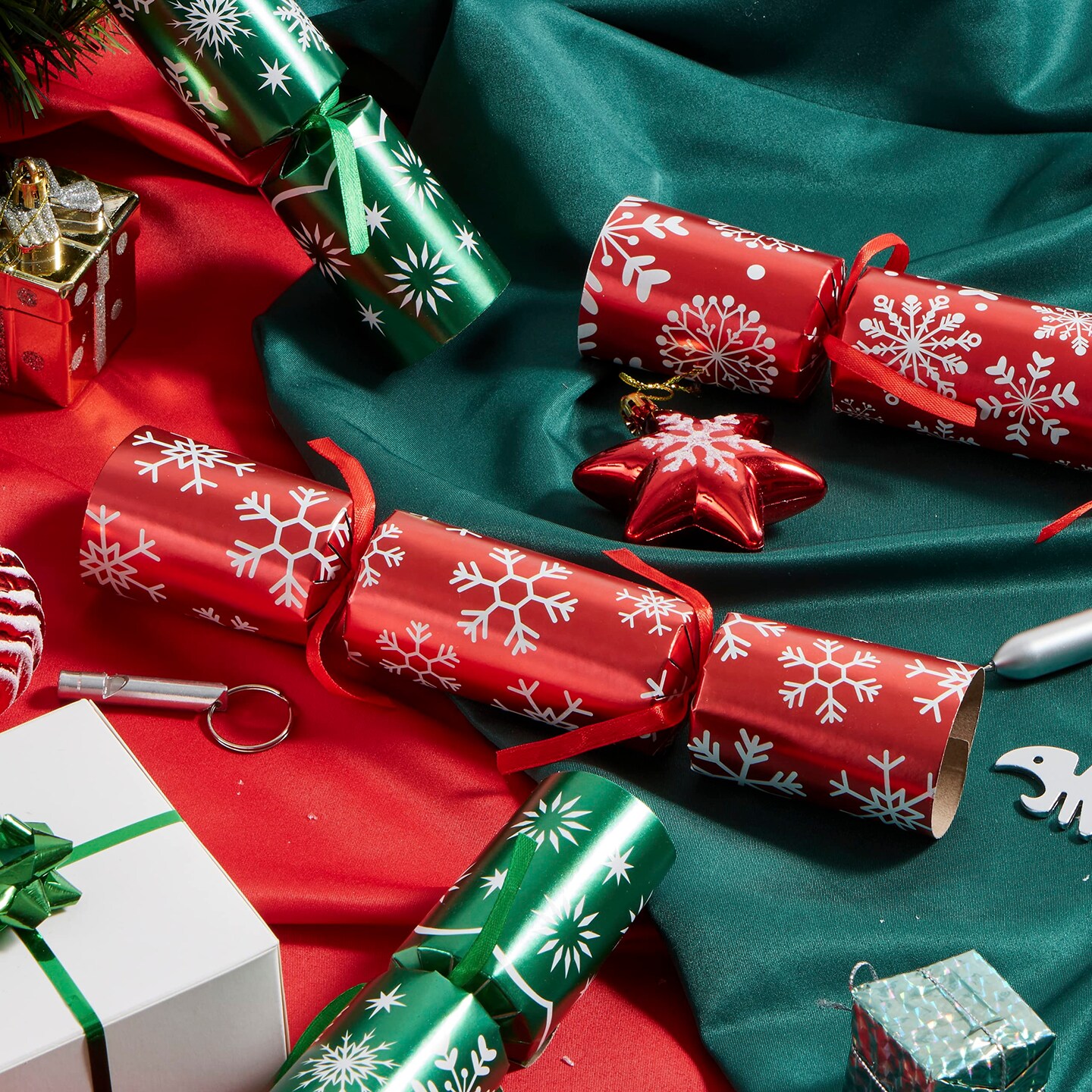 JOYIN 12 Pack Christmas Party Table Favor with Red &#x26; Green Snowflake Design, No-Snap with Party Hat, Joke &#x26; Little Gift Inside, for Xmas Gift, Christmas Seasonal Holiday Dinner Traditions