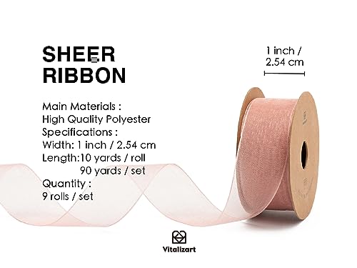 1" x 90 Yards Organza Ribbon Mixed Color Sheer Ribbons Set 10 Yd x 9 Rolls Handmade Eco-Friendly for Gift Wrapping Christmas Tree Crafts Bows Wedding Invitations Wreaths Wrap
