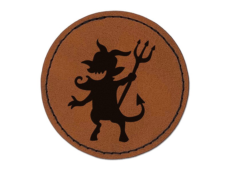 Mischievous Devil Demon Pitchfork Monster Halloween Round Iron-On Engraved Faux Leather Patch Applique - 2.5&#x22;