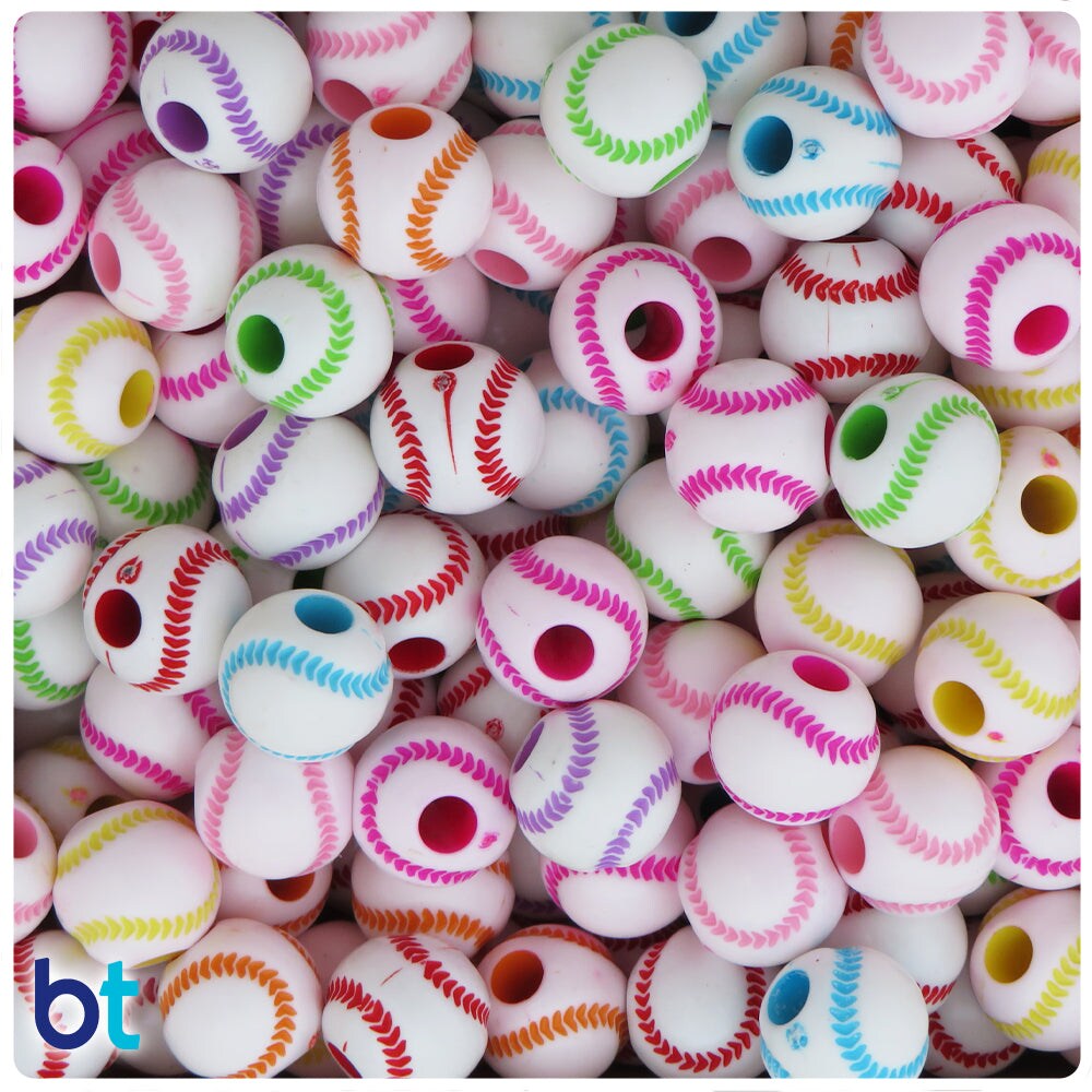 BeadTin White Opaque 12mm Round Plastic Pony Beads - Colored Baseball Design (48pcs)
