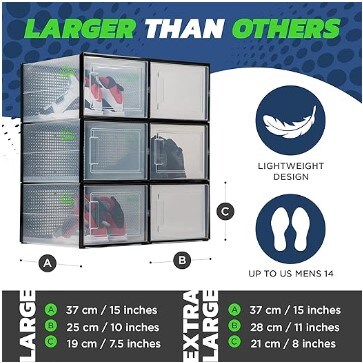 BLACK LARGE 6 PACK - 14.6 Inches Long for BIG Shoes & Sneakers, Shoe Storage Organizer, Shoe Storage Boxes, Shoe Box Clear Plastic Stackable, Shoe Containers, Closet Shoe Organizer