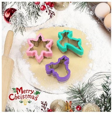 Christmas Cookie Cutters: 9 Christmas holiday themed baking cutters in the shapes of a flying deer, a snowflake, a Christmas tree, a deer head, Santa Claus, socks, crutches, a snowman, and a gingerbread man.