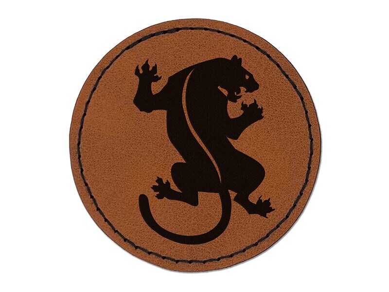 Black Panther Round Iron-On Engraved Faux Leather Patch Applique - 2.5&#x22;
