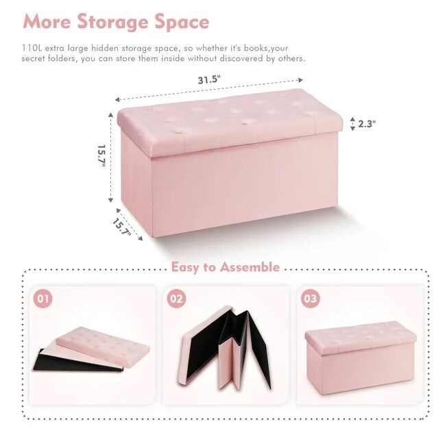 30" & 15" Collapsible Ottoman Bench,Velvet Pink Storage, Girls Toy Chest, Foot Stool Rest Seat, Pack of 2