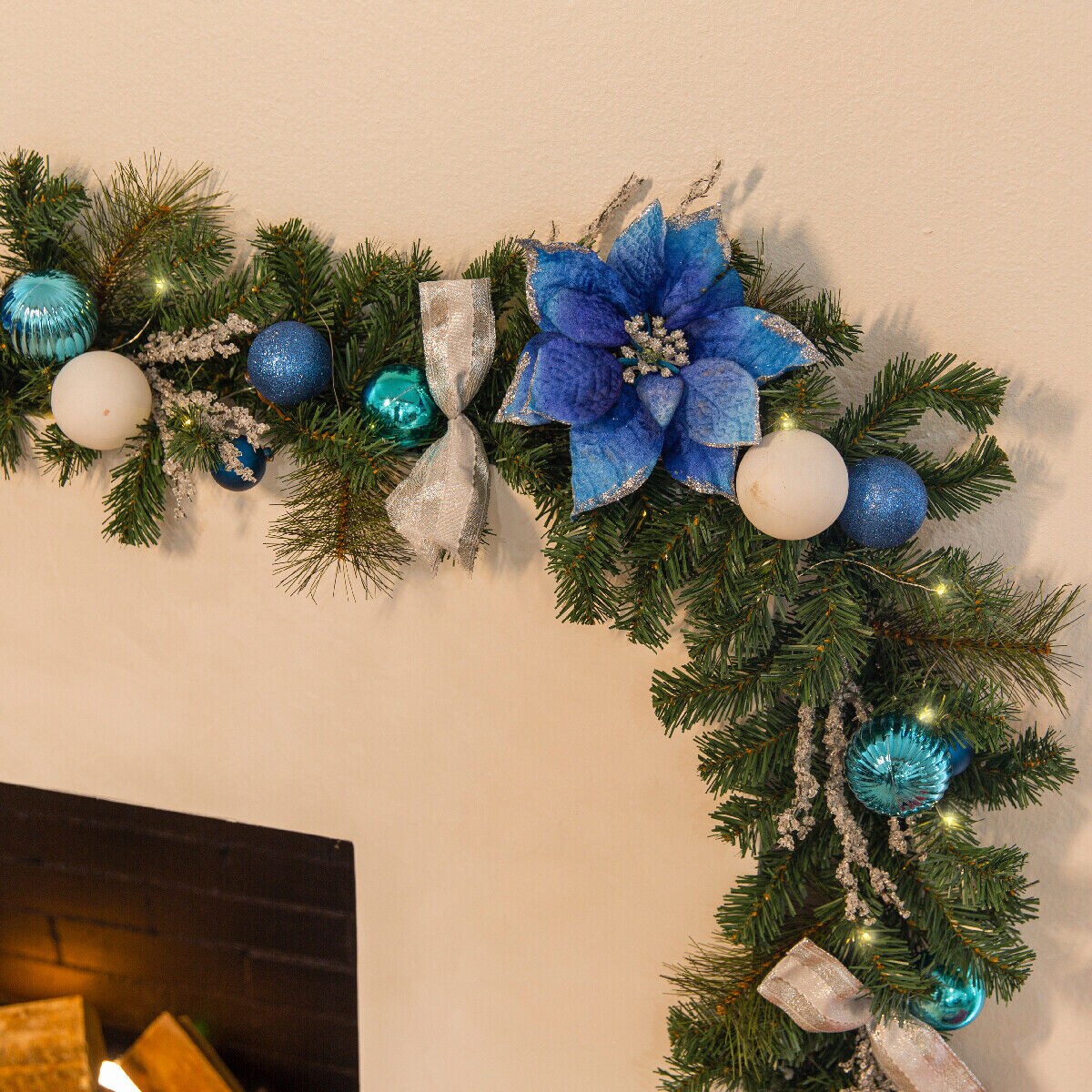 Blue and Silver Christmas Garland with LED Lights