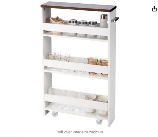 Slim Rolling Storage Cart, 4-Tier Utility Cart, Wood Kitchen Storage Cart with Handle and Wheels, Narrow Rolling Shelving Unit for Bathroom Laundry and Small Spaces