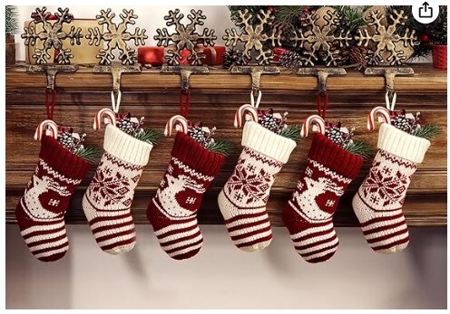 Christmas Mini Stockings, 6 Pack 9 Inches Knit Knitted Snowflake Reindeer Rustic Holiday Decorations, Cream Burgundy Goodie Bags for Family Friends